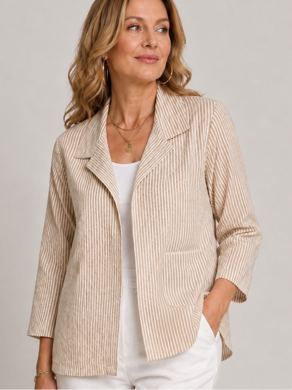 Marla Wynne Layers - White Tan Striped Seersucker Topper Jacket Blazer -  Sz XL